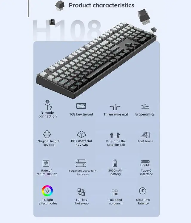 Alt view image 6 of 7 - Asixxsix 108 Keys Mechanical Keyboard, BT 2.4Ghz Wireless Wired Mechanical Gaming Keyboard, 3 Connection Modes, Hot Swappable Blue Switch Gaming Keyboard with LED Backlit for Computer PC