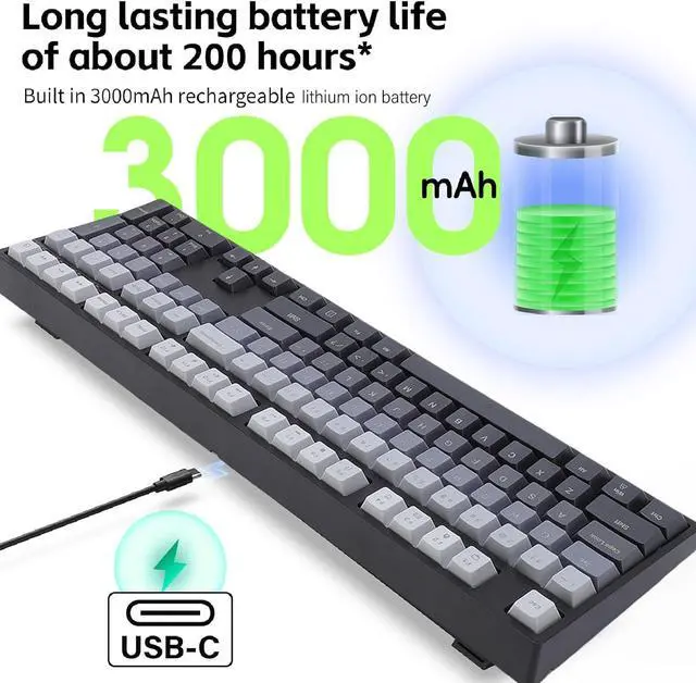 Alt view image 3 of 7 - Asixxsix 108 Keys Mechanical Keyboard, BT 2.4Ghz Wireless Wired Mechanical Gaming Keyboard, 3 Connection Modes, Hot Swappable Blue Switch Gaming Keyboard with LED Backlit for Computer PC