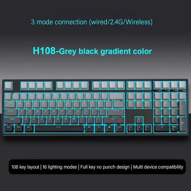 Alt view image 2 of 7 - Jectse Mechanical Gaming Keyboard, Wireless Wired Hot Swappable 108 Keys Blue LED Backlit BT 2.4Ghz, Blue Switch Click Sound, 16 Backlight Modes, 3000mAh Battery