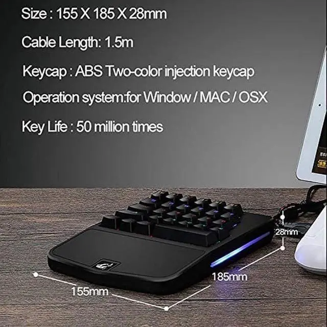 Alt view image 5 of 7 - One-Hand Mechanical Keyboard, Wired Gaming Keyboard, 28-Key LED Backlight, Blue Switch, Ergonomic Wrist Strap, for PC Laptop