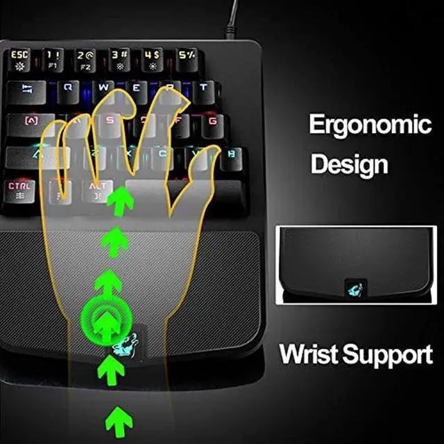 Alt view image 7 of 7 - One-Hand Mechanical Keyboard, Wired Gaming Keyboard, 28-Key LED Backlight, Blue Switch, Ergonomic Wrist Strap, for PC Laptop