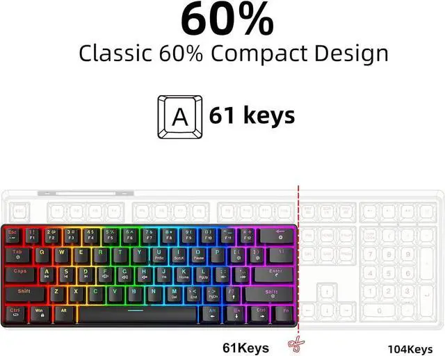 Alt view image 5 of 7 - Asixxsix 61 Keys Wired Mechanical Keyboard, 21 Modes RGB Backlit Hot Swappable Gaming Keyboard with Red Switch, Portable Multifunctional Computer Keyboard for Gaming and Office