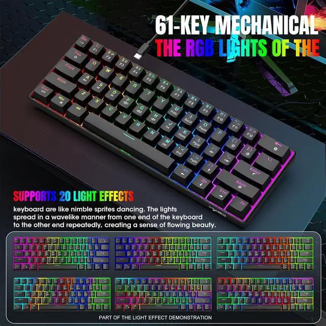 Alt view image 2 of 7 - Cuifati 61 Key Wired Mechanical Keyboard with Red Switch, RGB Backlit Gaming Keyboard with 21 Modes for PC Computers Customizable Keypads Hot Swappable