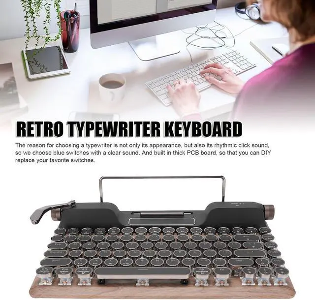 Alt view image 7 of 7 - Asixxsix Retro Typewriter Mechanical Gaming Keyboard, Bluetooth 5.0 Blue Switches Computer Keyboards, 84 Key RGB Backlight Retro Mechanical Keyboard, Punk Round Keycap