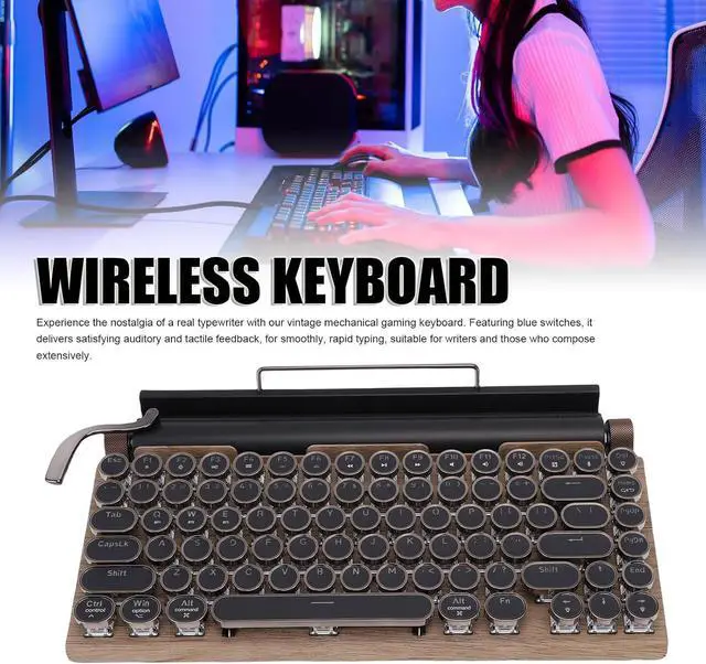 Alt view image 2 of 7 - Asixxsix Retro Typewriter Mechanical Gaming Keyboard, Wireless Bluetooth Retro Mechanical Keyboard LED Backlight, Vintage Style Computer Keyboard with Round Keycaps (Wood Color)