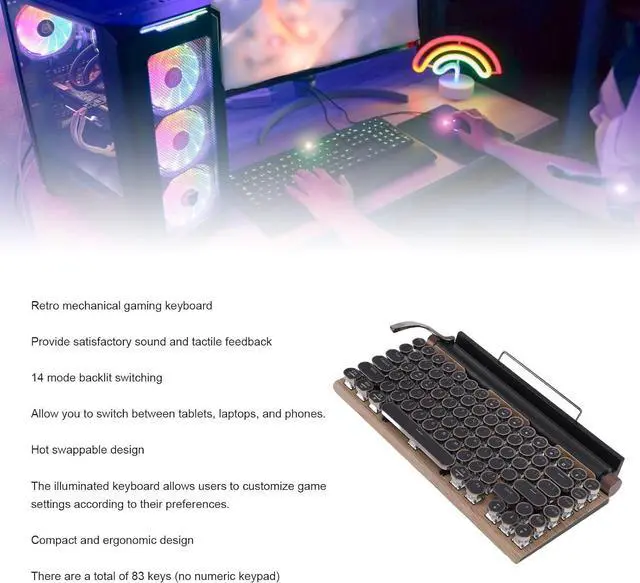 Alt view image 3 of 7 - Asixxsix Retro Typewriter Mechanical Gaming Keyboard, Wireless Bluetooth Retro Mechanical Keyboard LED Backlight, Vintage Style Computer Keyboard with Round Keycaps (Wood Color)