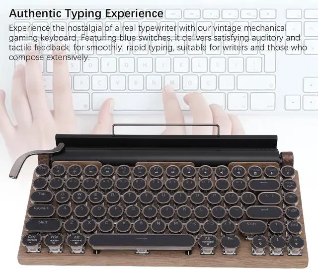 Alt view image 4 of 7 - Asixxsix Retro Typewriter Mechanical Gaming Keyboard, Wireless Bluetooth Retro Mechanical Keyboard LED Backlight, Vintage Style Computer Keyboard with Round Keycaps (Wood Color)