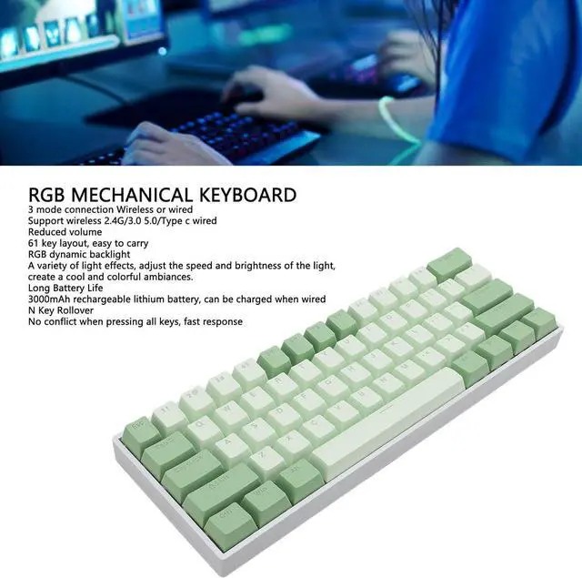 Alt view image 6 of 7 - 60% Mechanical Keyboard, 61 Keys Ultra Compact Gaming Keyboard, RGB Hot Swappable Blue Switch Keypad, 2.4Ghz Bluetooth Wired, for PC, Computer