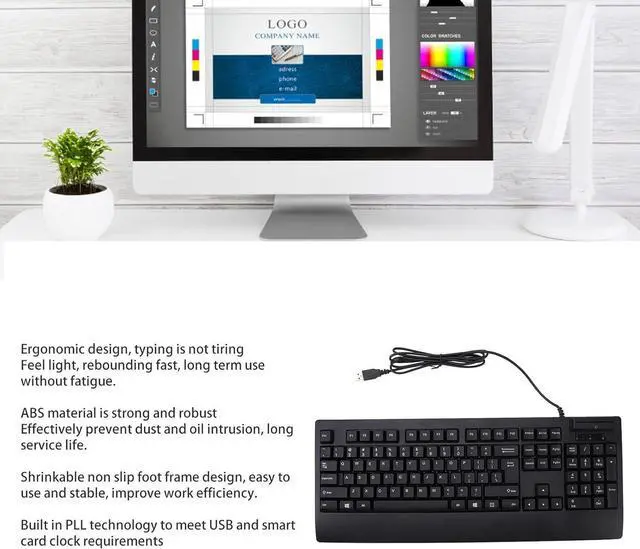 Alt view image 4 of 7 - 104 Key Quiet USB Keyboard with IC Card Slot, ABS Material, PLL Technology for Stable Data Transmission, Adjustable Non Slip Feet, Ergonomic Design