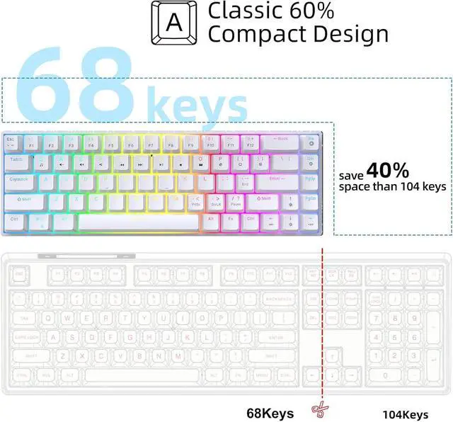 Alt view image 5 of 7 - Cuifati 68 Keys Wired Mechanical Keyboard, RGB Backlit Gaming Keyboard Hot Swappable, Wired Computer Keyboard for Desktop and Laptop Computers 19 RGB Backlight Modes (White)