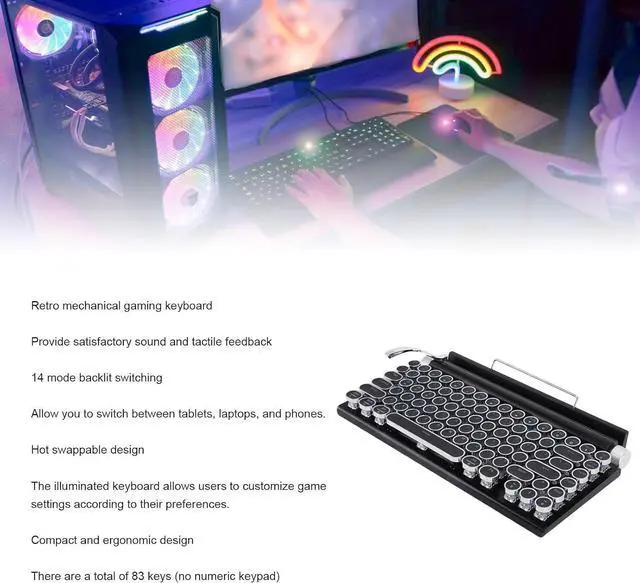 Alt view image 5 of 7 - Yoidesu Retro Typewriter Mechanical Gaming Keyboard, Vintage Style Computer Keyboard with Round Keycaps, Wireless Bluetooth and Wired 2.4G, RGB Backlight, for PC Laptop Tablet Phone (Black)