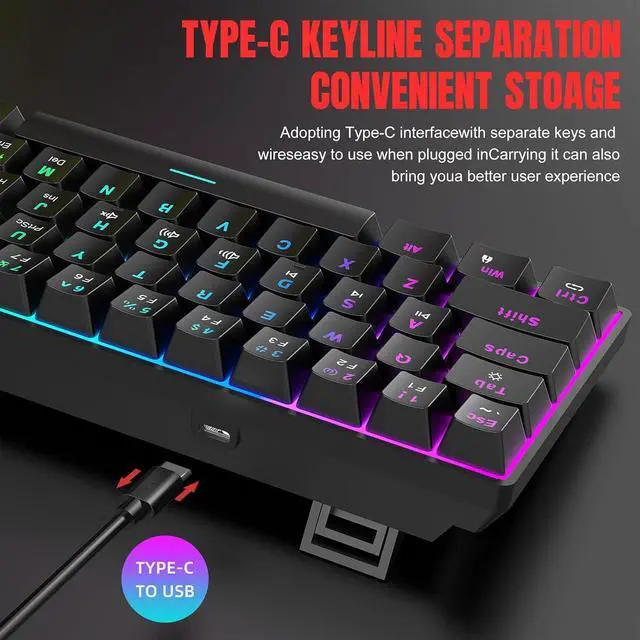 Alt view image 3 of 7 - Cuifati 61 Key Wired Mechanical Keyboard with Red Switch, RGB Backlit Gaming Keyboard with 21 Modes for PC Computers Customizable Keypads Hot Swappable