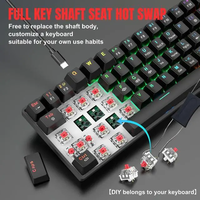 Alt view image 4 of 7 - Cuifati 61 Key Wired Mechanical Keyboard with Red Switch, RGB Backlit Gaming Keyboard with 21 Modes for PC Computers Customizable Keypads Hot Swappable