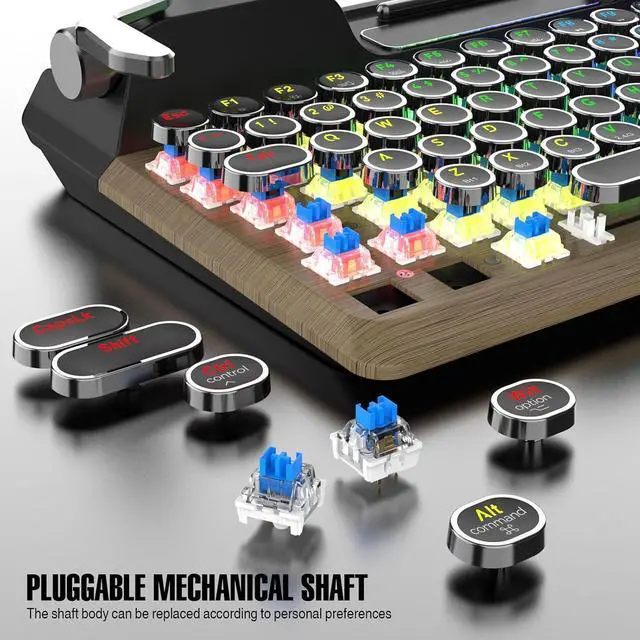 Alt view image 4 of 7 - Cuifati Retro Typewriter Mechanical Keyboard, Vintage Style Computer Keyboard 84Keys with Round Keycaps & Wrist Rest, Wireless Bluetooth5.0, Wired & 2.4G Mode, RGB Backlight