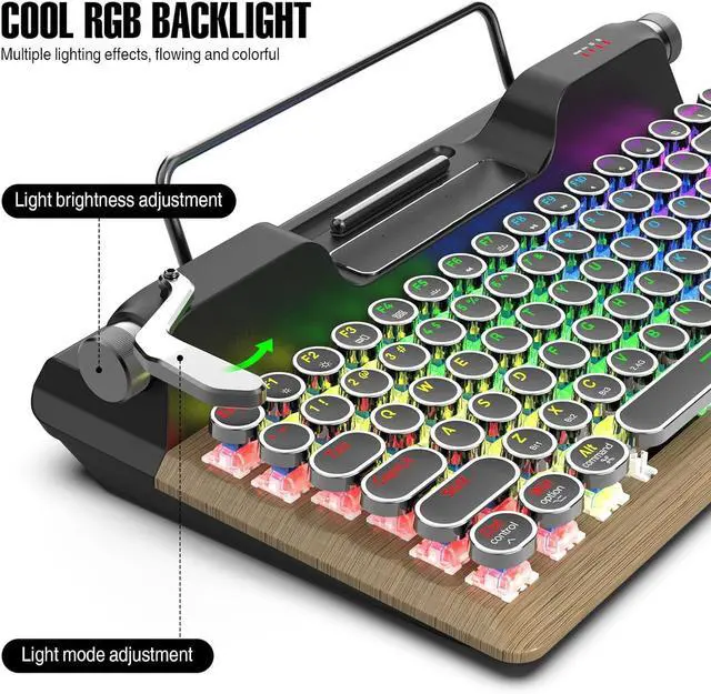 Alt view image 5 of 7 - Cuifati Retro Typewriter Mechanical Keyboard, Vintage Style Computer Keyboard 84Keys with Round Keycaps & Wrist Rest, Wireless Bluetooth5.0, Wired & 2.4G Mode, RGB Backlight