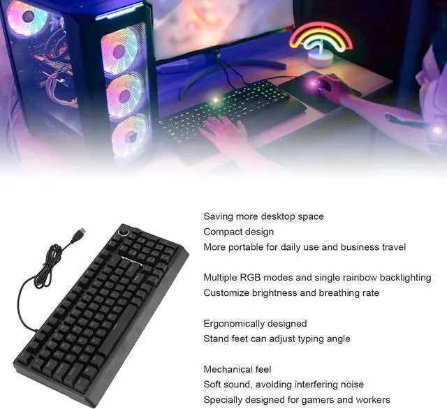 Alt view image 3 of 7 - Wired Keyboard, RGB Mechanical Keyboard with 98 Keys, Wired Gaming Keyboard with Knob, Low Noise, Plug and Play, Ergonomic Keyboards for Gaming Business Work PC