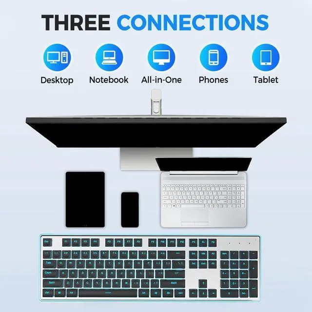 Alt view image 2 of 7 - Wireless Mechanical Keyboard, with Numeric Keypad and Colors Backlight, Waterproof and Full Size Quiet Computer Keyboard for Windows Desktop, PC, Laptop, Gaming (Silver-White)