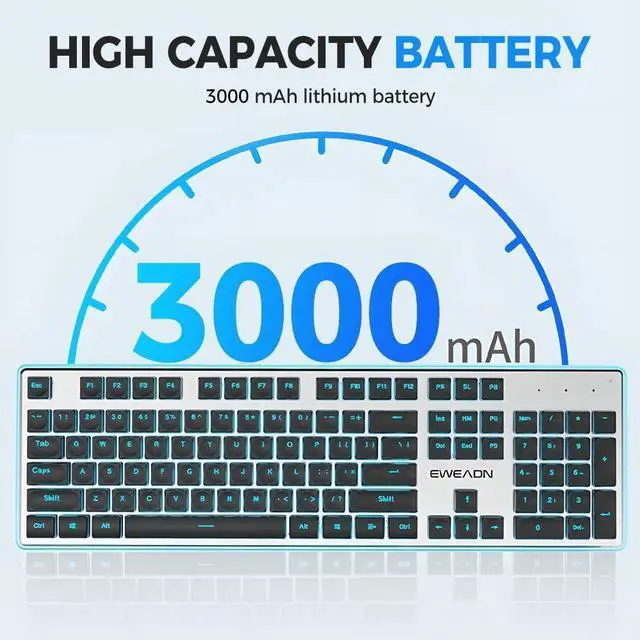 Alt view image 5 of 7 - Wireless Mechanical Keyboard, with Numeric Keypad and Colors Backlight, Waterproof and Full Size Quiet Computer Keyboard for Windows Desktop, PC, Laptop, Gaming (Silver-White)