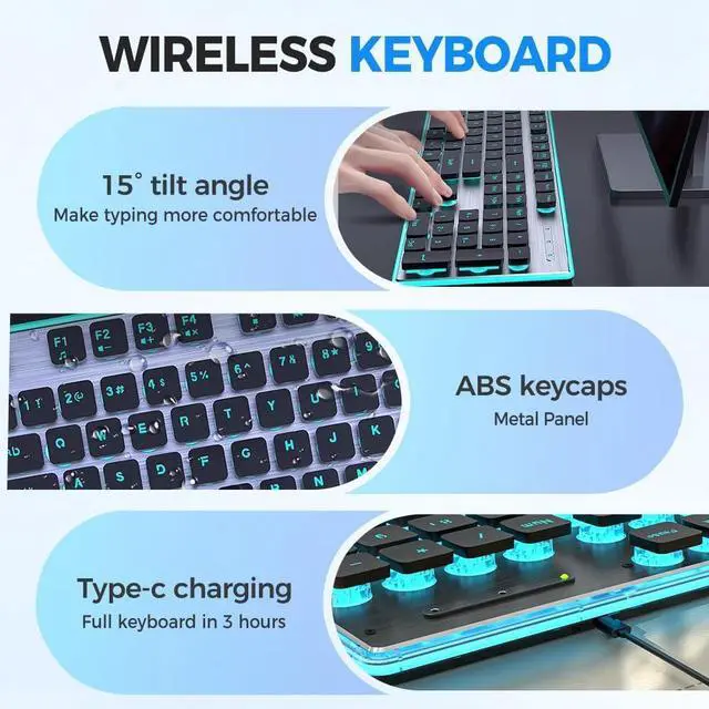 Alt view image 6 of 7 - Wireless Mechanical Keyboard, with Numeric Keypad and Colors Backlight, Waterproof and Full Size Quiet Computer Keyboard for Windows Desktop, PC, Laptop, Gaming (Silver-White)