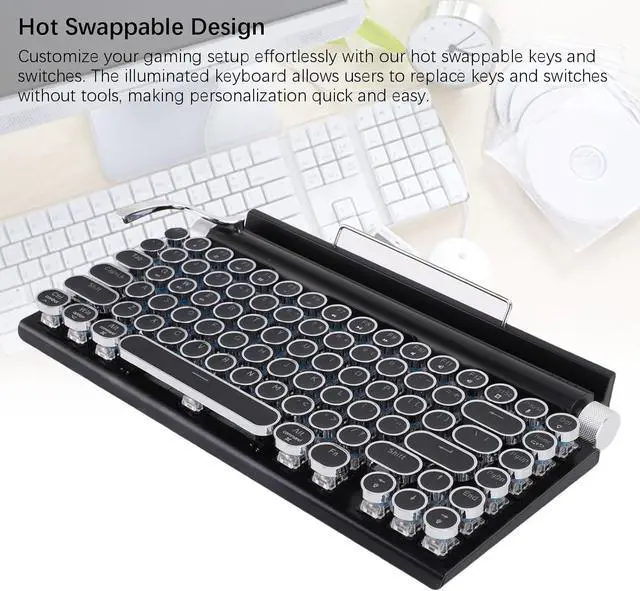 Alt view image 7 of 7 - CUIFATI Retro Typewriter Keyboard, 83 Keys Mechanical Keyboard, Wired & Bluetooth Vintage Keyboards with Integrated Stand for Tablet Phone, 14 Backlit Modes, Hot Swappable (Black)