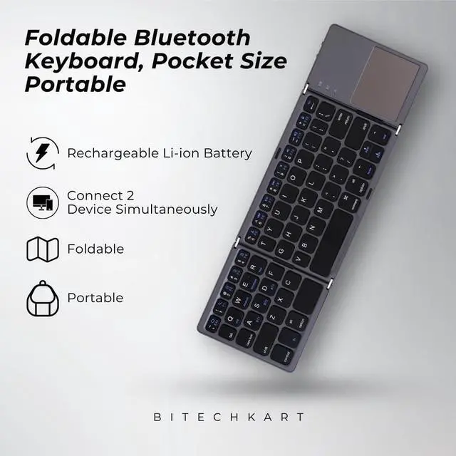 Alt view image 5 of 7 - Foldable Bluetooth Keyboard, Pocket Size Portable Mini BT Wireless Keyboard with Touchpad for Android, Windows, PC, Tablet, with Rechargeable Li-ion Battery_20 x 10 x 3 cm - Grey