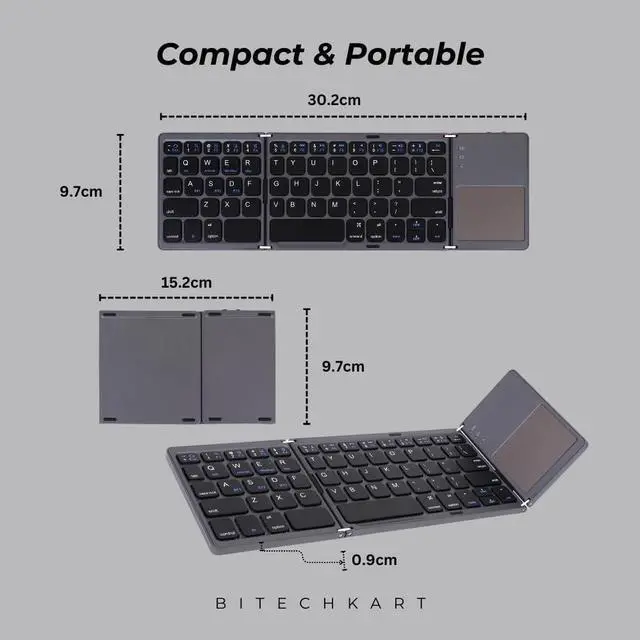 Alt view image 6 of 7 - Foldable Bluetooth Keyboard, Pocket Size Portable Mini BT Wireless Keyboard with Touchpad for Android, Windows, PC, Tablet, with Rechargeable Li-ion Battery_20 x 10 x 3 cm - Grey