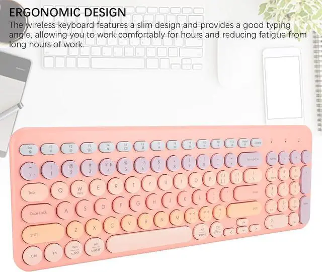 Alt view image 6 of 7 - Quiet Wireless Keyboard with Round Keycaps, 2.4G Ergonomic Design, Full Sized 96 Keys, USB Receiver, Cordless Keyboard for Computer, Laptop, Pc and Desktops (Pink)