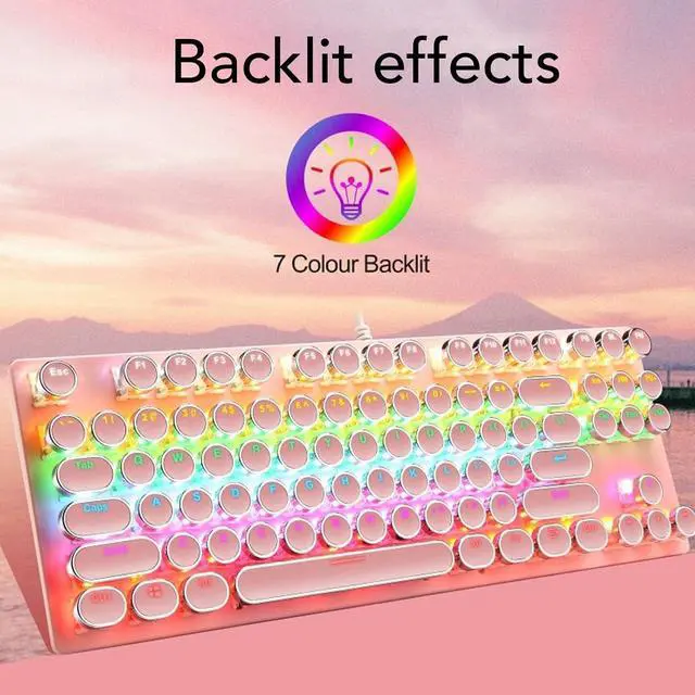 Alt view image 2 of 7 - Gaming Keyboard, 87 Key Mechanical Keyboard with Blue Switch RGB Backlit Round Hat Keycaps USB Plug and Play Water Prevent for Desktop PC and Gaming (Rosy)