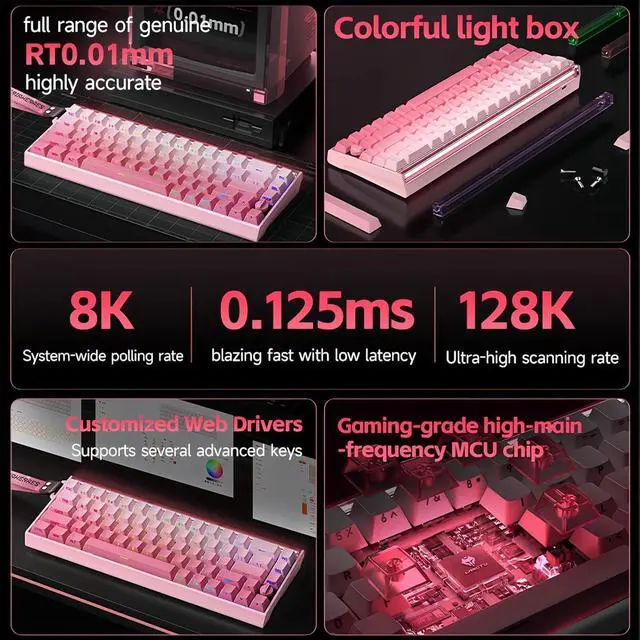 Alt view image 2 of 7 - BOOM68 Magnetic Switch RGB Gaming Keyboard,65% Rapid Trigger Hall Effect Gasket Hot Swap Wired Keyboard with Adjustable Actuation Light Box Mini Knob Snap Tap,8K Hz Polling Rate (Pink)