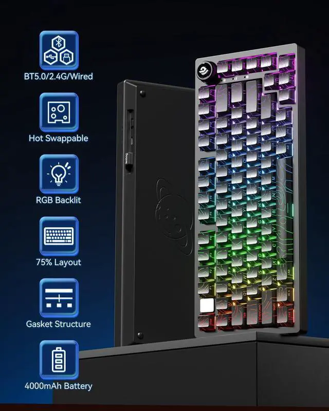 Alt view image 2 of 7 - HI75C Pro Gaming Keyboard, RGB Backlit Bluetooth/USB-C/Wireless Mechanical Keyboard, Hot Swappable Creamy Keyboards for PC/MAC/Windows Gamer (Black, HI75C PRO)