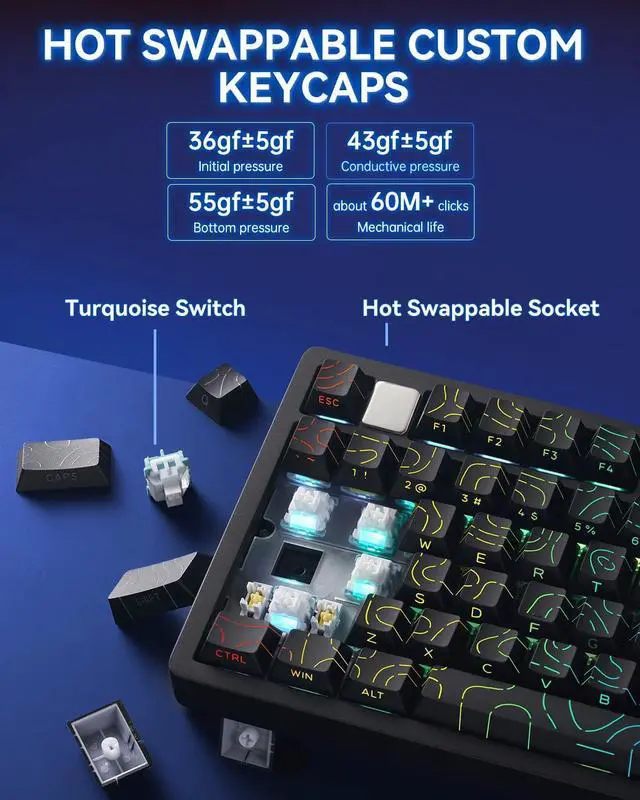 Alt view image 5 of 7 - HI75C Pro Gaming Keyboard, RGB Backlit Bluetooth/USB-C/Wireless Mechanical Keyboard, Hot Swappable Creamy Keyboards for PC/MAC/Windows Gamer (Black, HI75C PRO)