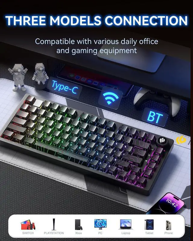Alt view image 7 of 7 - HI75C Pro Gaming Keyboard, RGB Backlit Bluetooth/USB-C/Wireless Mechanical Keyboard, Hot Swappable Creamy Keyboards for PC/MAC/Windows Gamer (Black, HI75C PRO)