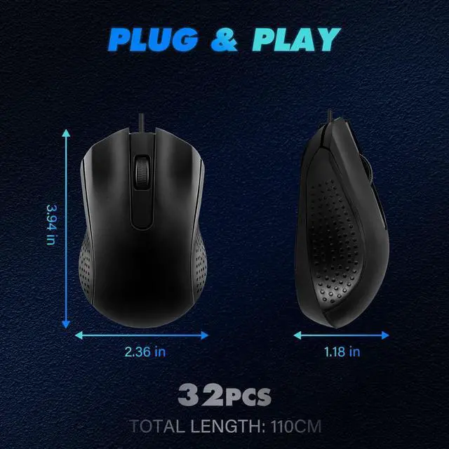 Alt view image 2 of 6 - GEMLORD 32 Pcs Wired USB Computer Mouse Bulk Corded Computer Mice Ergonomic Wired Mouse for PC, Desktop, Laptop Computer, Office, School, Home (Black)