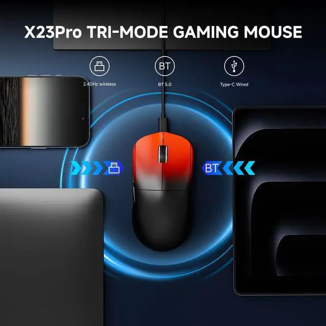 Alt view image 5 of 7 - EWEADN X23Pro Wireless Gaming Mouse, 2.4G/BT5.0/USB-C Esports Gaming Mouse, 49g Lightweight Mouse Gaming, 12000 DPI Wireless Mouse with 6 Programmable Buttons, for Laptop/PC/Mac, Black-red