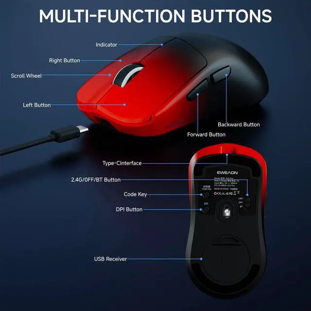 Alt view image 7 of 7 - EWEADN X23Pro Wireless Gaming Mouse, 2.4G/BT5.0/USB-C Esports Gaming Mouse, 49g Lightweight Mouse Gaming, 12000 DPI Wireless Mouse with 6 Programmable Buttons, for Laptop/PC/Mac, Black-red