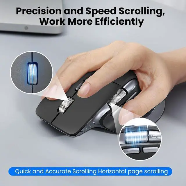 Alt view image 2 of 7 - Wireless Bluetooth Mouse, Ergonomic Rechargeable Silent Mouse with Multi-Device, Adjustable DPI, Flying Scroll & Thumb Wheel, Bluetooth Mice for Laptop, Computer, Tablet, Smartphone, Black