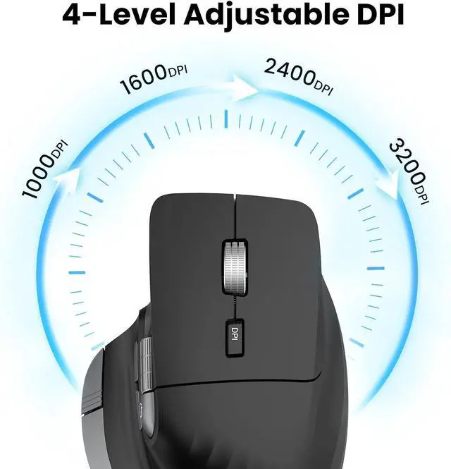 Alt view image 4 of 7 - Wireless Bluetooth Mouse, Ergonomic Rechargeable Silent Mouse with Multi-Device, Adjustable DPI, Flying Scroll & Thumb Wheel, Bluetooth Mice for Laptop, Computer, Tablet, Smartphone, Black