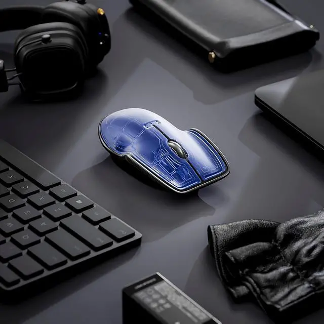 Alt view image 3 of 7 - LUNAR ARTEFACTS Ambidextrous Rechargeable Bluetooth Wireless Computer Mouse Navy Blue Translucent with Black Powder Coated Aluminum, USB-C