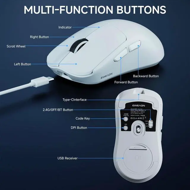 Alt view image 7 of 7 - EWEADN X23Pro Wireless Gaming Mouse, 2.4G/BT5.0/USB-C Esports Gaming Mouse, 49g Lightweight Mouse Gaming, 12000 DPI Wireless Mouse with 6 Programmable Buttons,for Laptop/PC/Mac, White