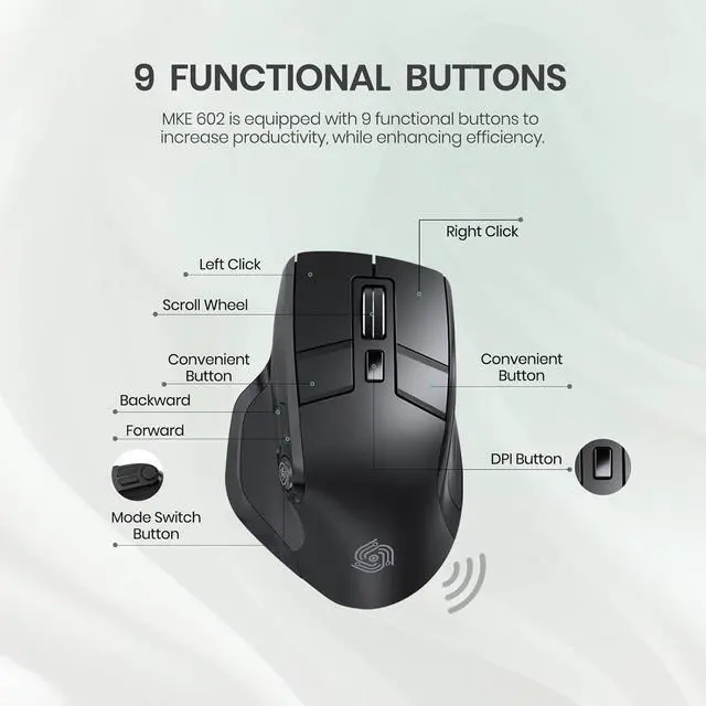 Alt view image 3 of 6 - Ergonomic Silent Wireless Mouse 2.4GHz Bluetooth- for Computer Laptop Tablet,Multi-Device Toggle,OLED Display,Adjustable DPI, Full Size, 9 Buttons,Rechargeable, MKE-602, Black