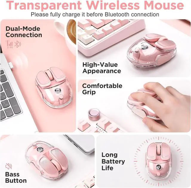 Alt view image 2 of 7 - Q9 Wireless Computer Mouse, 2.4GHz/Bluetooth Mouse, Ergonomic Optical Mouse with RGB Lighting,Silent Clicks,4800 DPI, 4 Adjustment Levels,Compatible with PC, Mac, Laptop(Pink)