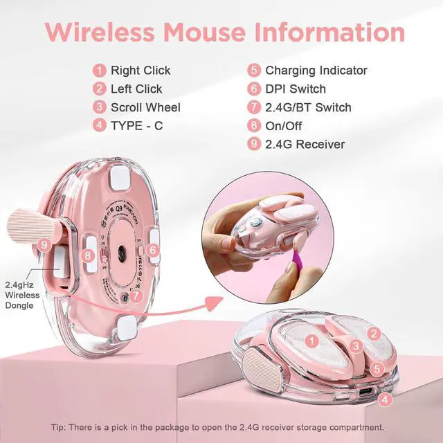 Alt view image 6 of 7 - Q9 Wireless Computer Mouse, 2.4GHz/Bluetooth Mouse, Ergonomic Optical Mouse with RGB Lighting,Silent Clicks,4800 DPI, 4 Adjustment Levels,Compatible with PC, Mac, Laptop(Pink)