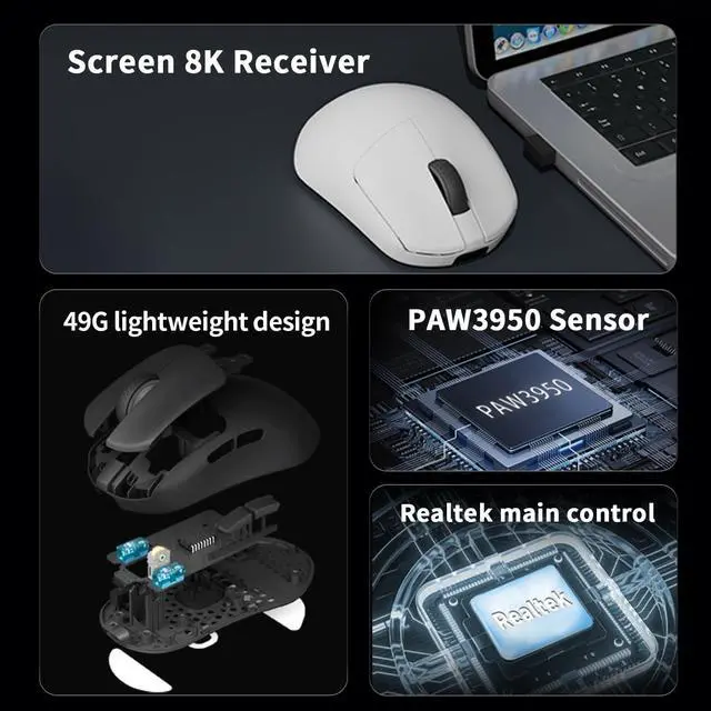 Alt view image 4 of 7 - Darmoshark N7 Wireless Gaming Mouse,Tri-Mode 8K/USB-C/Bluetooth,Up to 30000DPI,PAW3950 Optical Sensor Lightweight 49g,5 programmable Button,Computer Mouse for Laptop,PC,Mac(Black)