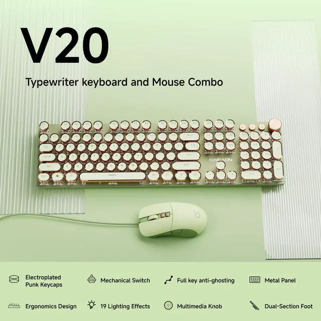 Alt view image 2 of 6 - EWEADN Wired Typewriterkeyboard and Mouse Combo, Typewriter Style Mechanical Gaming Keyboard,104 Keys Backlit LED Keyboards, Media Control Knob, Wired Keyboard Pink Switch for Windows/Mac/PC-Green