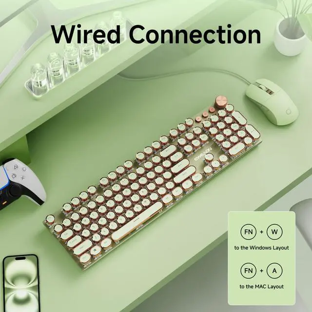 Alt view image 5 of 6 - EWEADN Wired Typewriterkeyboard and Mouse Combo, Typewriter Style Mechanical Gaming Keyboard,104 Keys Backlit LED Keyboards, Media Control Knob, Wired Keyboard Pink Switch for Windows/Mac/PC-Green