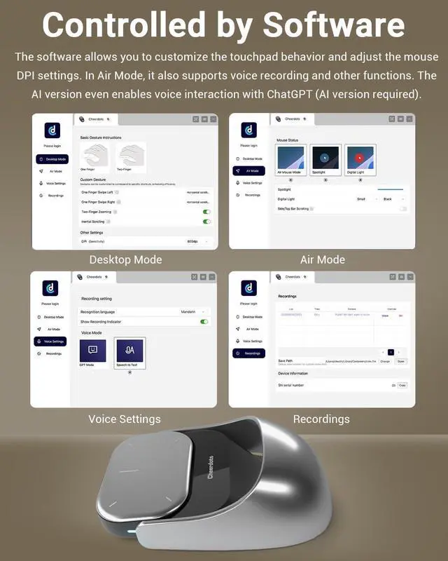 Alt view image 4 of 7 - Cheerdots2 Recording Touchpad Bluetooth Mouse, Presentation Mode, Magnetic Detachable Design, Smart Software Control, Portable for Meetings & Work, Intelligent Audio Recording & Saving(Voice Record)