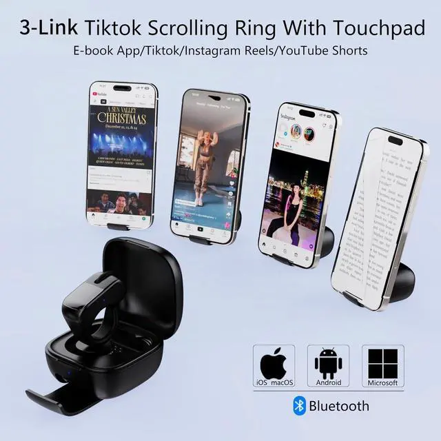 Alt view image 2 of 7 - TikTok Scrolling Ring with Touchpad, Finger Silent Air Mouse, Remote Control for TikTok/YouTube Shorts/Instagram Reels, Bluetooth Page Turner for iPad/Kindle App/iPhone/Android/PC (Black)