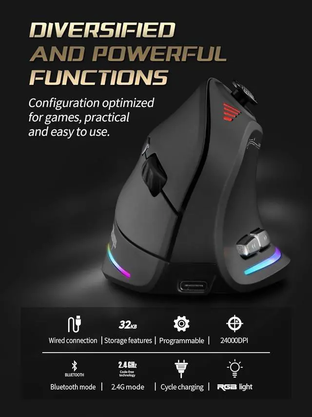 Alt view image 3 of 7 - JOMAA Triple Mode Wireless Gaming Mouse - 24000 DPI, Bluetooth 5.0, 2.4GHz, Wired RGB Ergonomic Mouse with 12 Programmable Buttons for laptops, Desktop Computers, Tablets