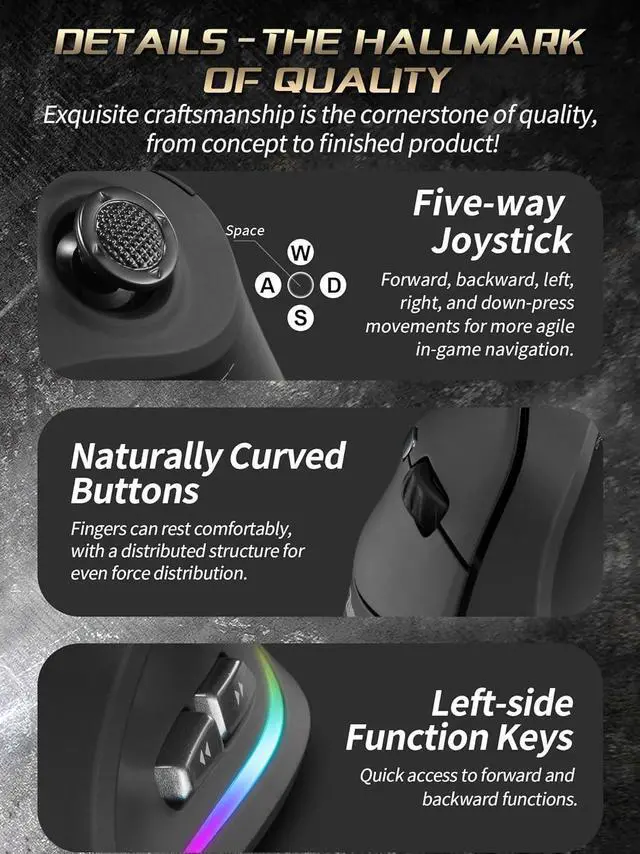 Alt view image 6 of 7 - JOMAA Triple Mode Wireless Gaming Mouse - 24000 DPI, Bluetooth 5.0, 2.4GHz, Wired RGB Ergonomic Mouse with 12 Programmable Buttons for laptops, Desktop Computers, Tablets