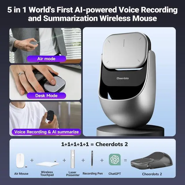 Alt view image 2 of 7 - 2025 AI Wireless Mouse with Voice Recorder, Real-Time Transcribe & AI Summarize, Detachable Presentation Click PowerPoint Presentations Remote, Air Mouse for Work /Lectures/Meetings (Advanced, Silver)